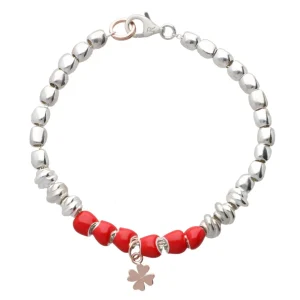 Bracciale Rosso in Argento 925, Oro Rosa 9kt e Quadrifoglio | Rubinia Gioielli New
